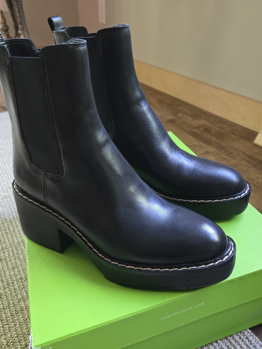 Sam Edelman Black Leather Chelsea Block Heel Boots